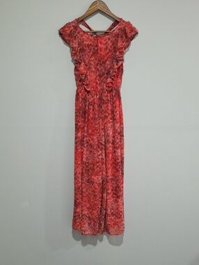 Fab RIK Red Floral Wide Leg Jumpsuit Flutter Sleeve Boho Romantic Small